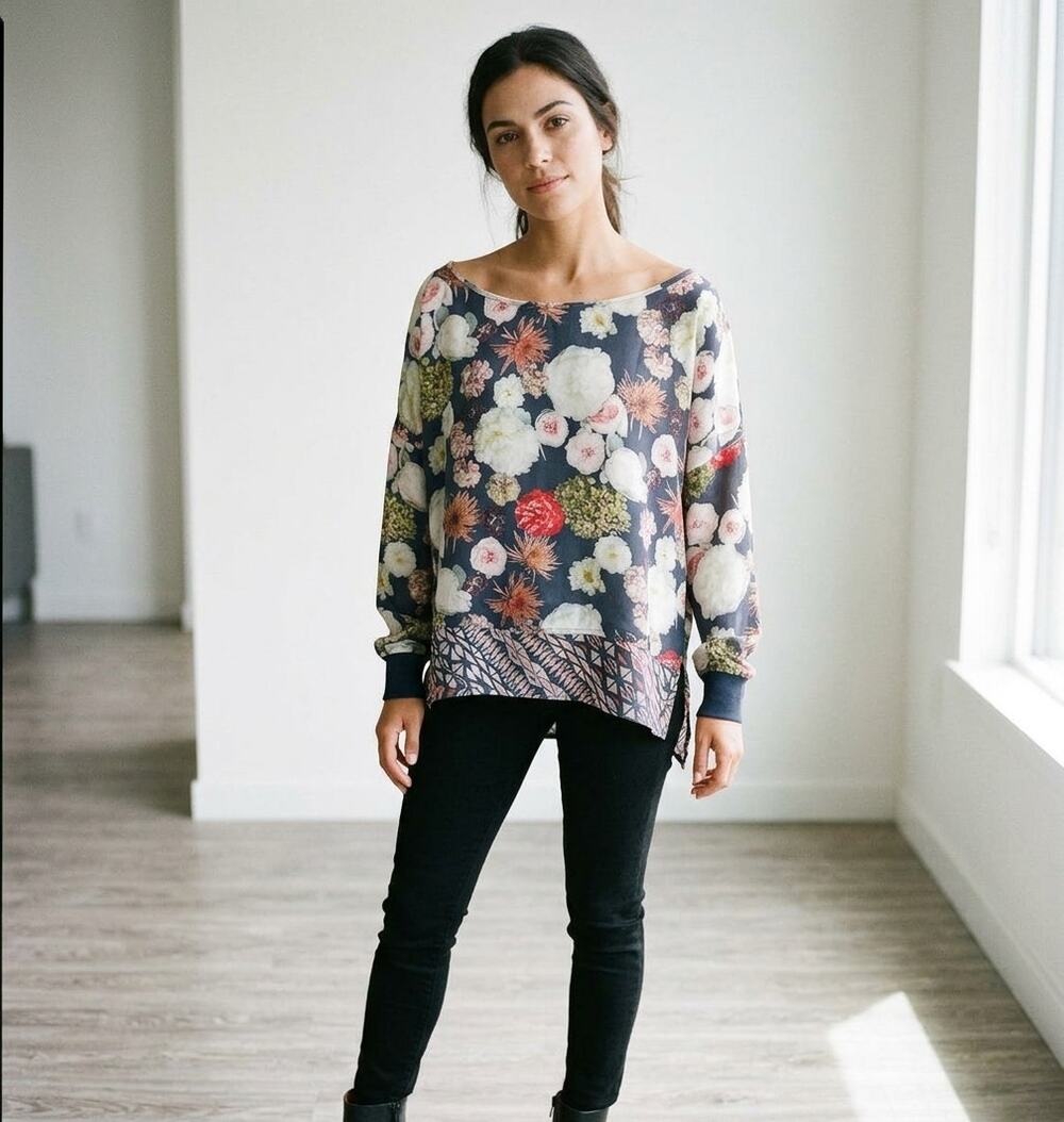 The Odells 100% Silk Dark Floral Geometric Knit Trim High-Low Blouse Top S